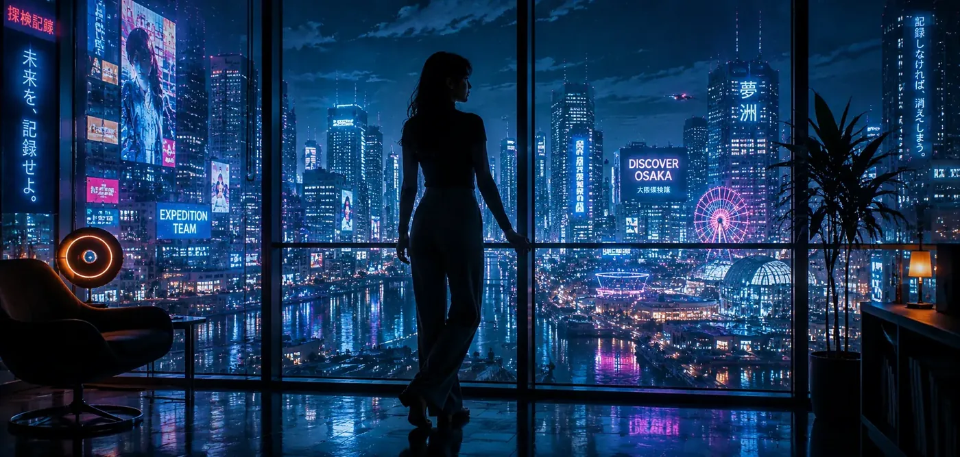 夜景の大阪を窓辺から見つめる女性。ネオンに『DISCOVER OSAKA』の文字が浮かぶ、主題歌『青い大屋根』のイメージ画像。