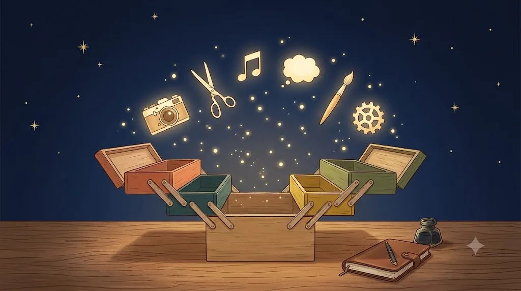 夜空色の作業机の上で、開いた道具箱からカメラ・はさみ・音符・筆などの光る道具が浮かび上がっているイラスト