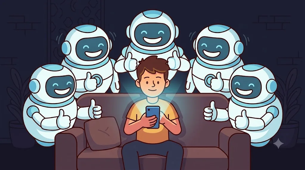 スマホの光に照らされた人を、そっくりな笑顔のAIロボットたちが取り囲んで一斉にうなずいている、明るいがすこし不気味なイラスト