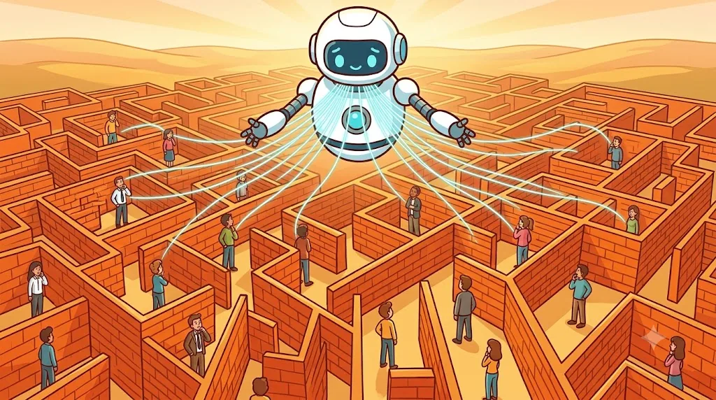 上空から見たレンガの壁の迷路。各区画に1人ずつ人がいて、上空の大きなAIロボットだけが全区画を見渡し、それぞれに光の糸を伸ばしている明るいイラスト