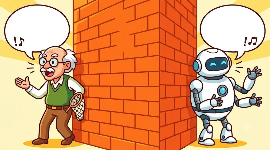 レンガの壁をはさんで、人とロボットが背中合わせにそれぞれ話している明るいイラスト。お互いの吹き出しは壁に阻まれて届いていない