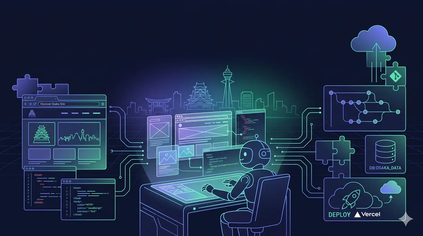 AIアシスタントと一緒にWebサイトを組み立てる様子のイラスト。大阪のスカイラインや、データベース・デプロイのアイコンが描かれている
