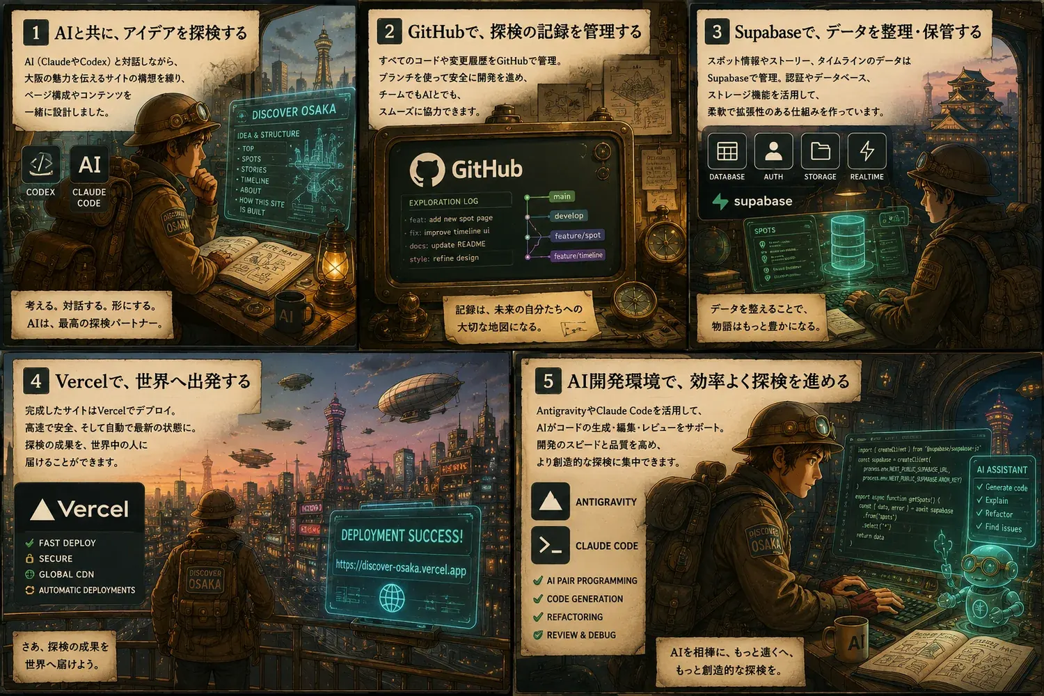 AIと進むWeb制作の旅を描いた5コマのイラスト。アイデア探検→GitHubで記録→Supabaseでデータ整理→Vercelで公開→AI開発環境で効率化、という流れ