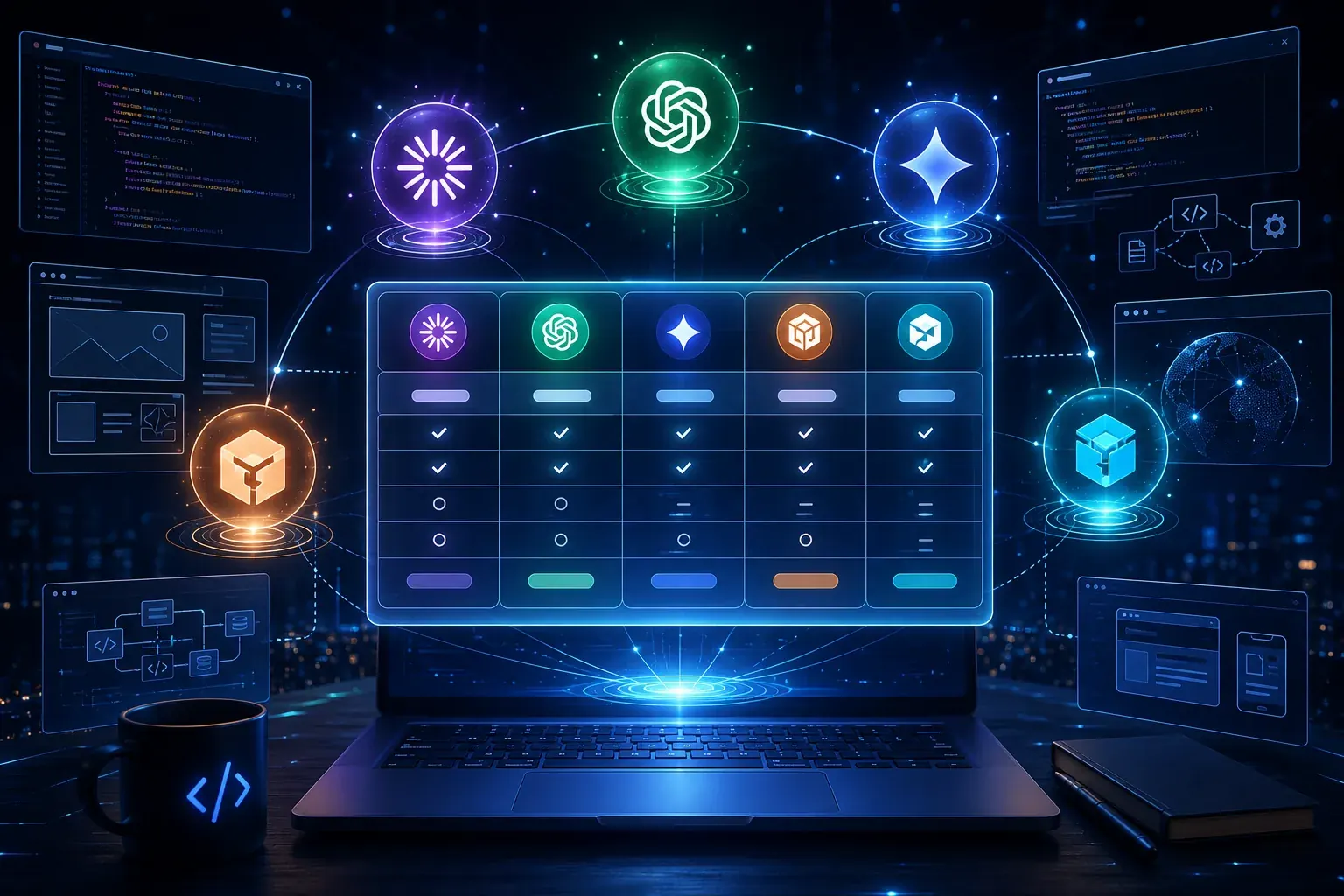 主要AIエージェントの料金・機能を比べる比較表のイメージ。ノートPCの画面に各サービスのロゴが並ぶ表が表示され、上にはClaude・OpenAI・その他AIのアイコンが浮かんでいる