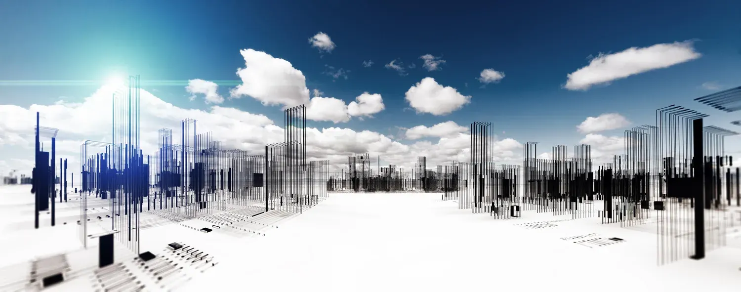 青空と白い雲が広がる、抜け感のあるデジタル都市の風景