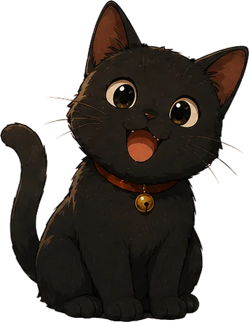 鈴つきの首輪をした黒猫のクロがお座り