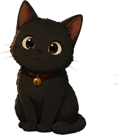 座ってこちらを見る黒猫クロ