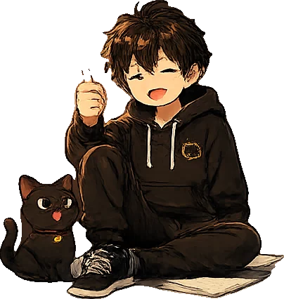 紙の上にあぐらをかいて座り、楽しそうに語る運営者アバターの少年と、口を開けて応える黒猫