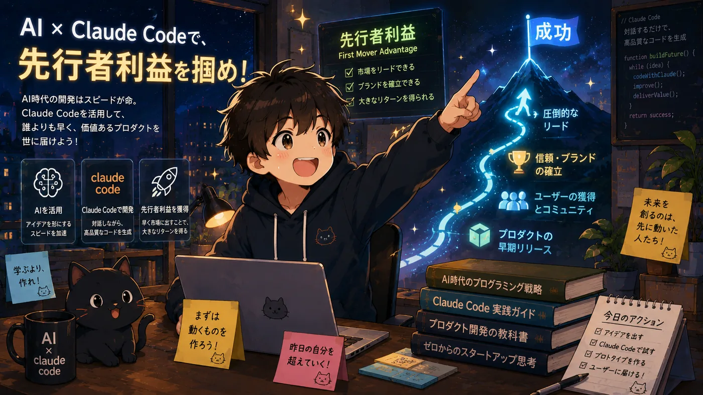 「AI×Claude Codeで、先行者利益を掴め！」と成功の山頂を指す少年。市場リード→信頼・ブランド確立→ユーザー獲得→プロダクトの早期リリース、という先行者利益の道のりを描いたアニメ調イラスト