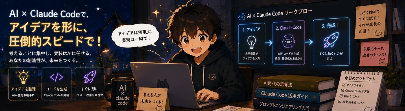 AI×Claude Codeで、アイデアを形に圧倒的スピードで——「アイデア→Claude Code→完成」のワークフローと、Webアプリやグラフ分析づくりまで手が届く様子を描いたアニメ調イラスト