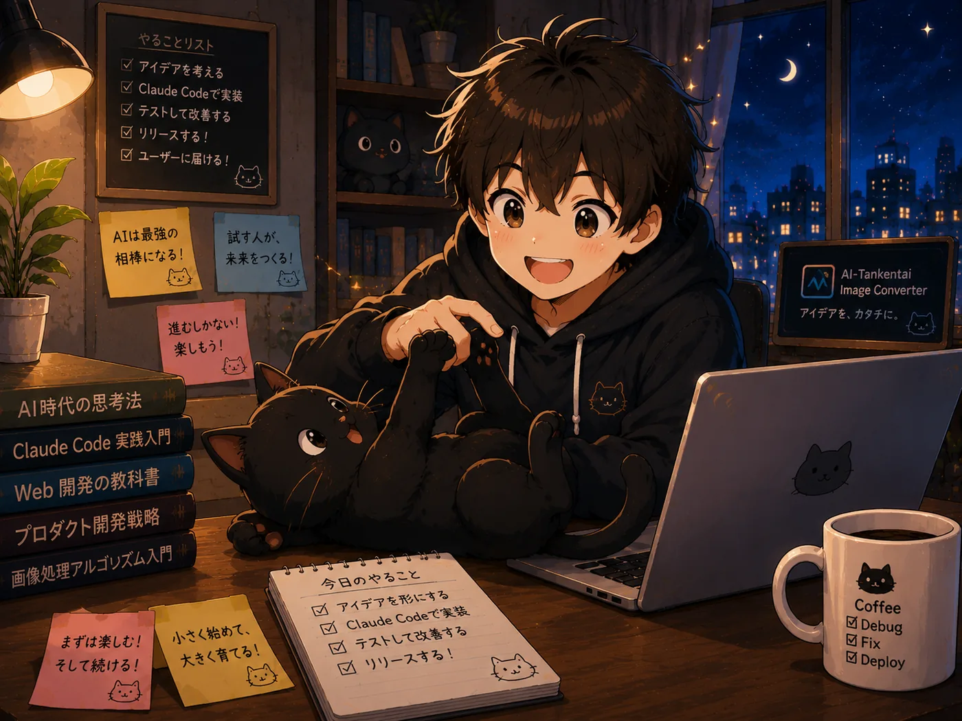 夜の部屋で少年が黒猫を抱え、ノートPCで開発する温かな場面。やることリストに『アイデアを考える→Claude Codeで実装→テストして改善→リリースする→ユーザーに届ける』、付箋に『AIは最強の相棒になる』『試す人が、未来をつくる』『進むしかない！楽しもう！』が並ぶアニメ調イラスト