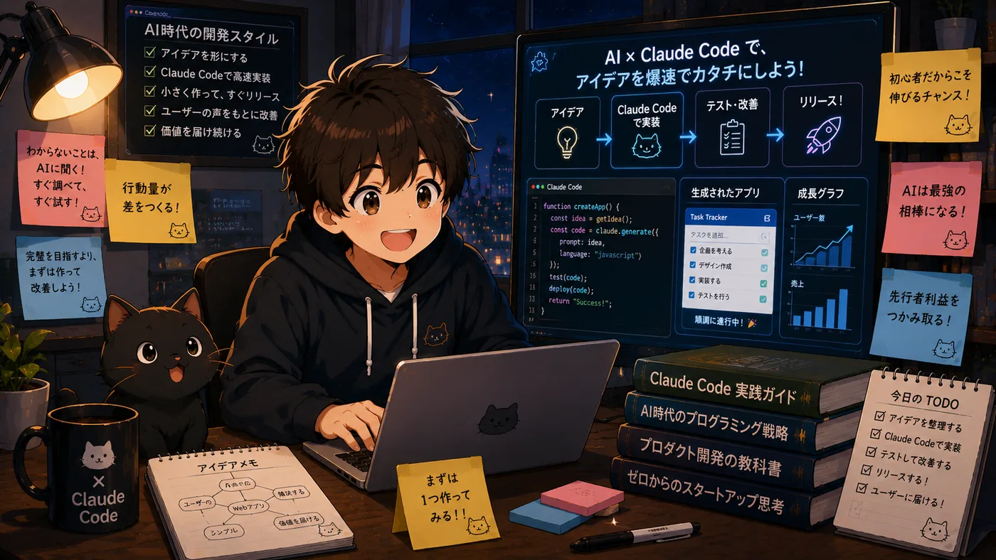 少年と黒猫がClaude Codeで開発する様子。大画面に「AI×Claude Codeで、アイデアを爆速でカタチにしよう」と、アイデア→Claude Codeで実装→テスト・改善→リリースの流れが描かれ、付箋に『初心者だからこそ伸びるチャンス』『AIは最強の相棒になる』『先行者利益をつかみ取る』『まずは1つ作ってみる』が並ぶアニメ調イラスト