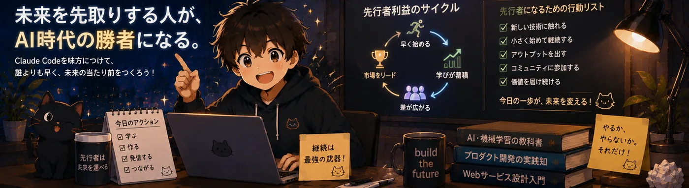 「未来を先取りする人が、AI時代の勝者になる」——早く動く→学びが蓄積→差が広がる、という先行者利益のサイクルと、先行者になるための行動リストを描いたアニメ調イラスト