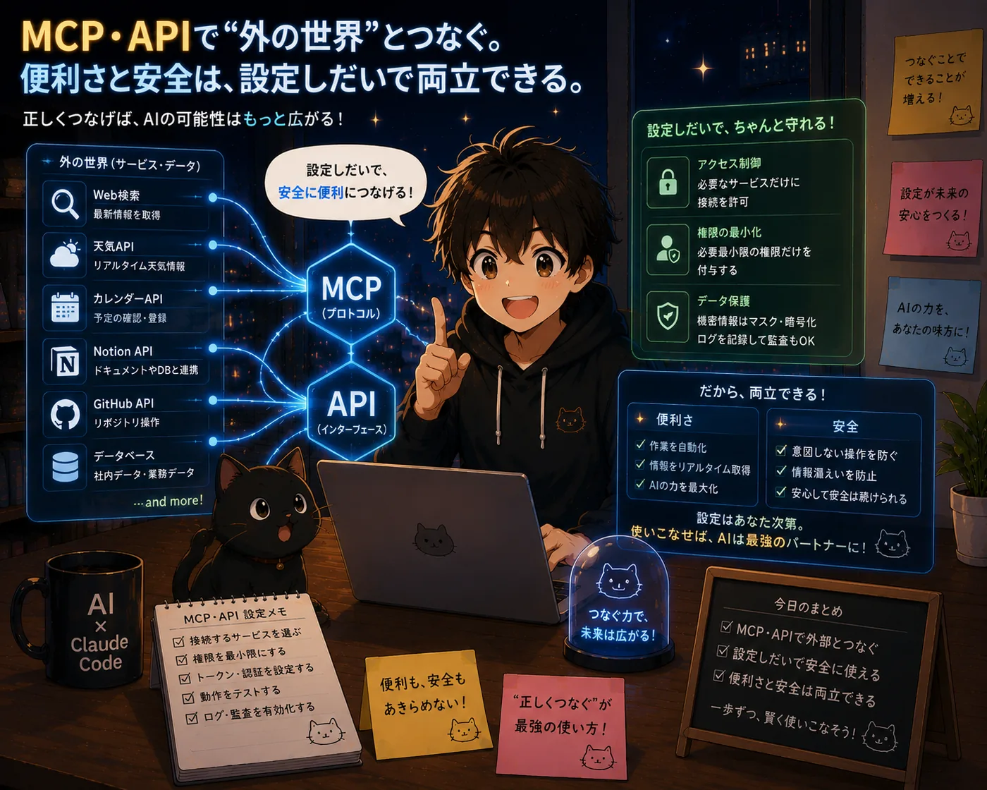 夜の窓辺でノートPCに向かう少年と黒猫。付箋のやることリストや技術書、“Coffee／Debug／Fix／Deploy”のマグカップが並ぶ温かいアニメ調イラスト