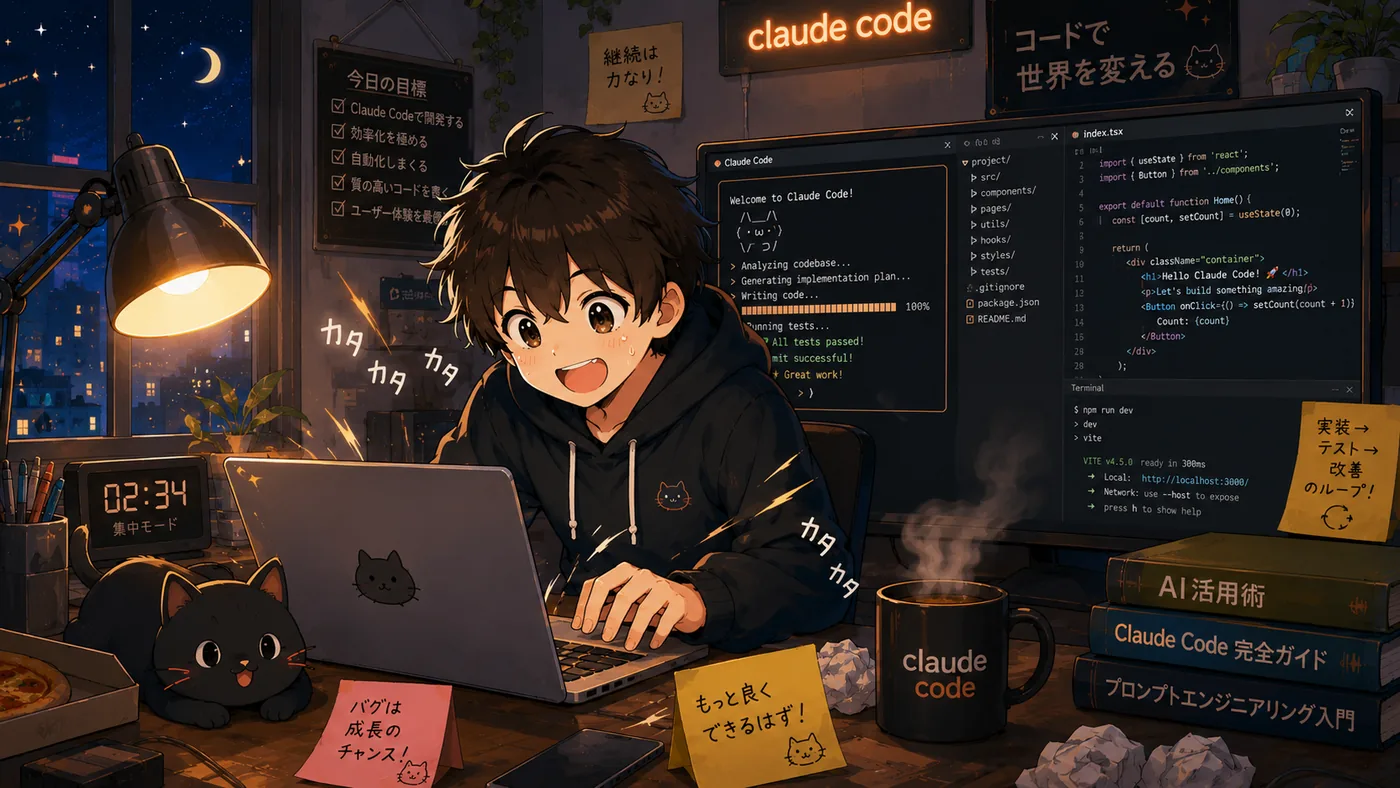 夜の机でノートPCに向かい、画面の「Welcome to Claude Code」と対話しながらコードを動かす少年のアニメ調イラスト