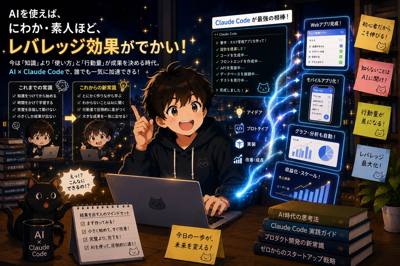 「AIを使えば、にわか・素人ほど、レバレッジ効果がでかい！」——Claude Codeを相棒に、いまは“知識より使い方と行動量”で初心者ほど大きく跳ねることを描いたアニメ調イラスト