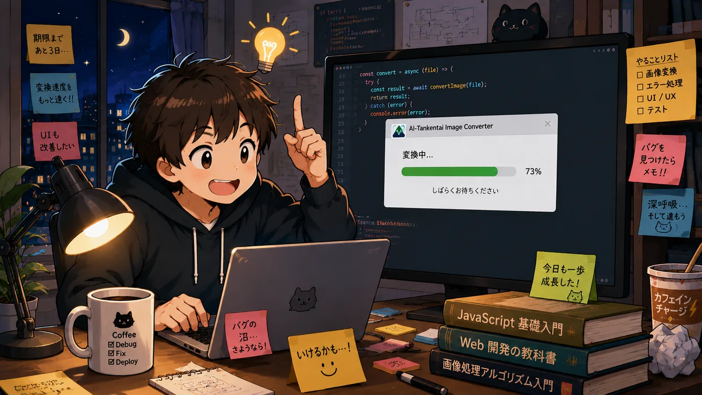 ひらめいた表情でコードと画像変換ツールを動かす少年と、JavaScript入門書が並ぶ机のアニメ調イラスト。学びながら作る様子