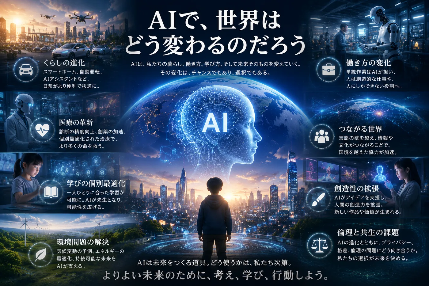 くらし・医療・学び・働き方・倫理など、AIがもたらす多面的な変化を並べたインフォグラフィック。賛否の背景にある論点を俯瞰した参考図