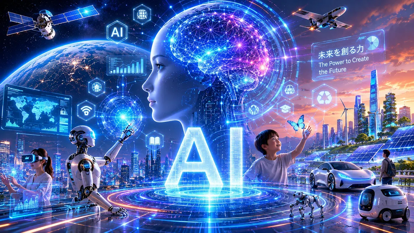 「未来を創る力」をテーマに、AIの頭脳・ロボット・子ども・未来都市が広がる壮大なイラスト
