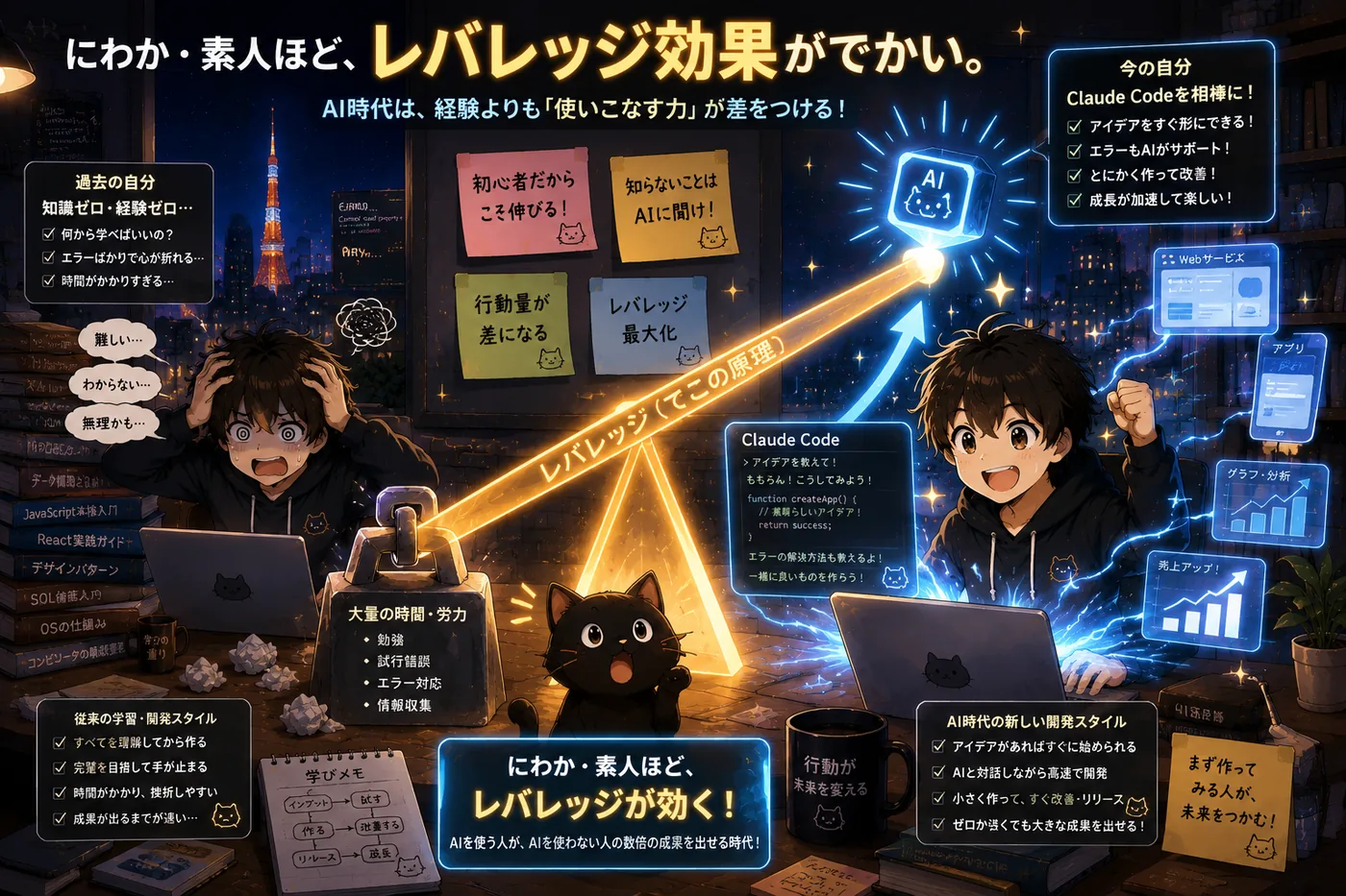 「にわか・素人ほど、レバレッジ効果がでかい」——過去のゼロからの自分が、Claude Codeをてこにして大きく跳ね上がる様子をまとめたアニメ調の図解