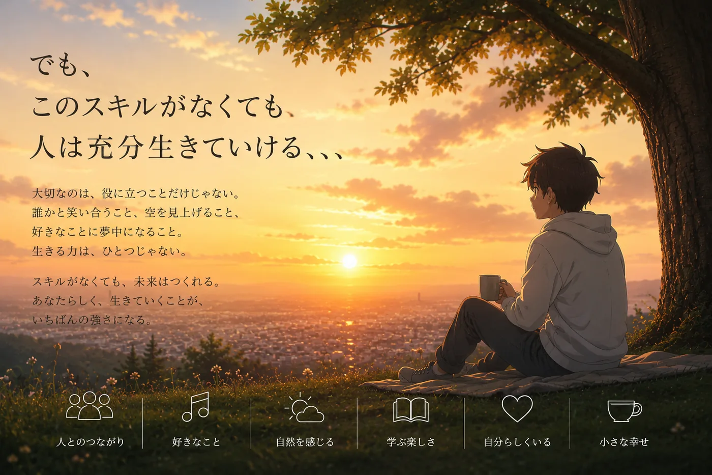 夕陽に染まる丘で、コーヒー片手に街を見下ろす少年のアニメ調イラスト。「このスキルがなくても、人は充分生きていける」という穏やかな情景