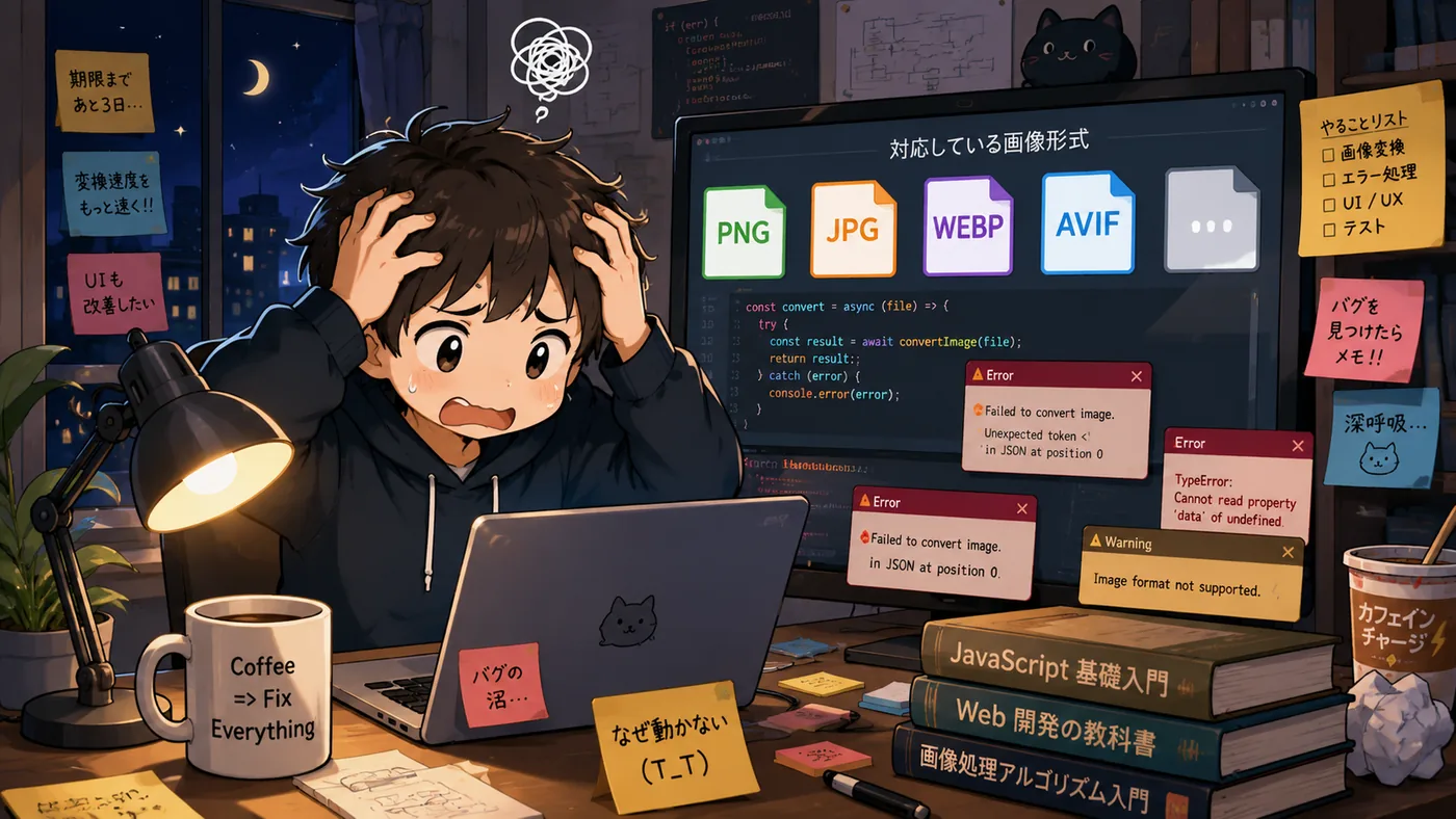 画面にエラーがいくつも出て「なぜ動かない（T_T）」と頭を抱える少年のアニメ調イラスト。机には入門書とコーヒー