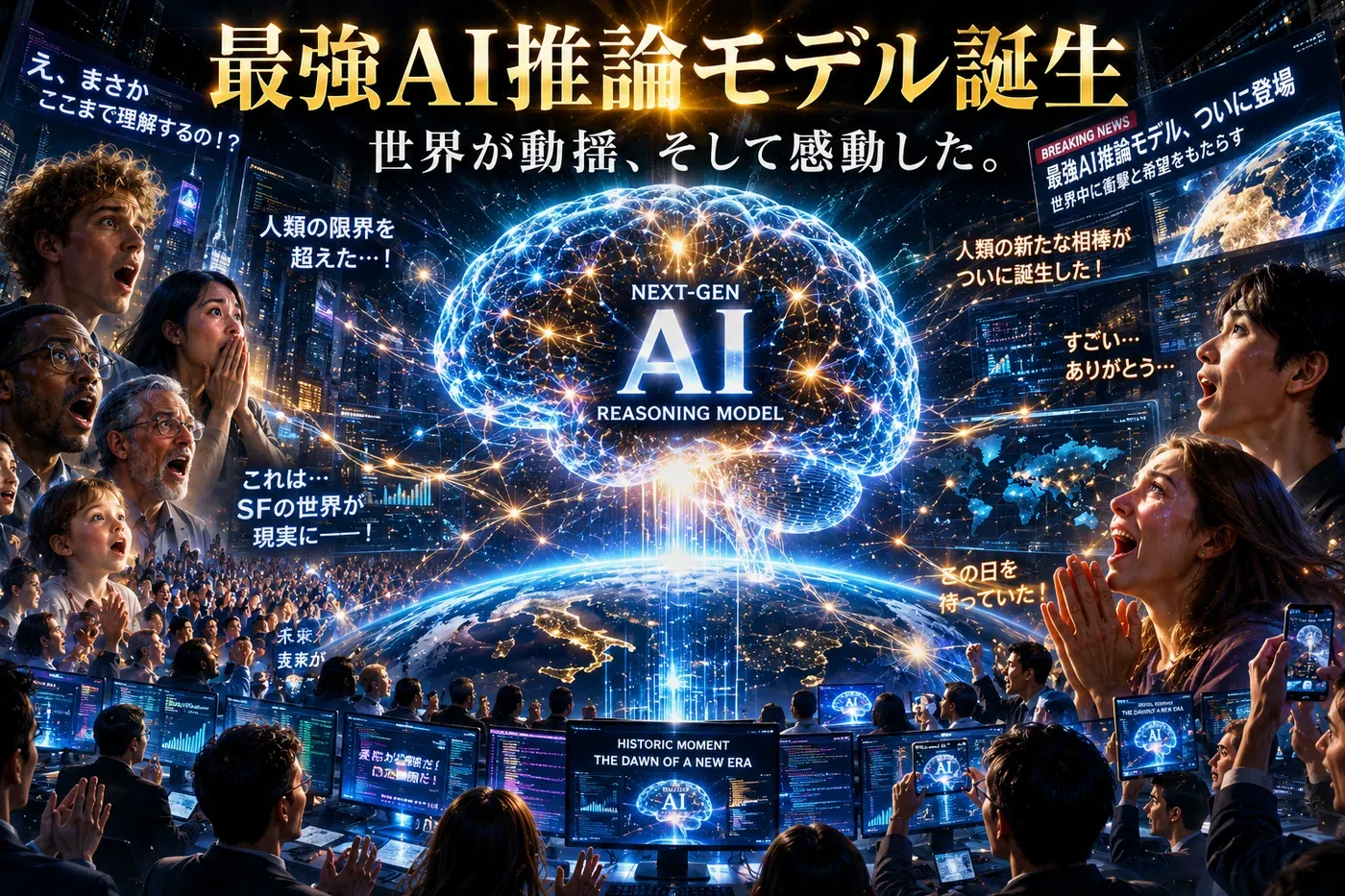 「最強AI推論モデル誕生／世界が動揺、そして感動した」と大書きされ、巨大な光るAIの脳を見上げて熱狂・驚嘆する世界中の群衆を描いたイラスト