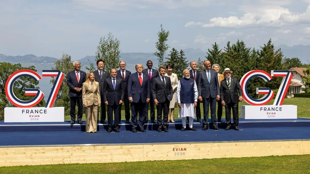 G7エビアン・サミットに集まった各国首脳の集合写真風イメージ（AIによる生成画像）