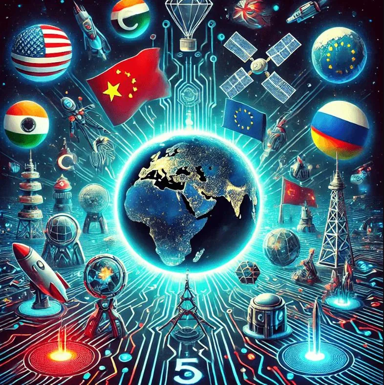 各国の国旗と半導体に囲まれた地球を描いたイメージ