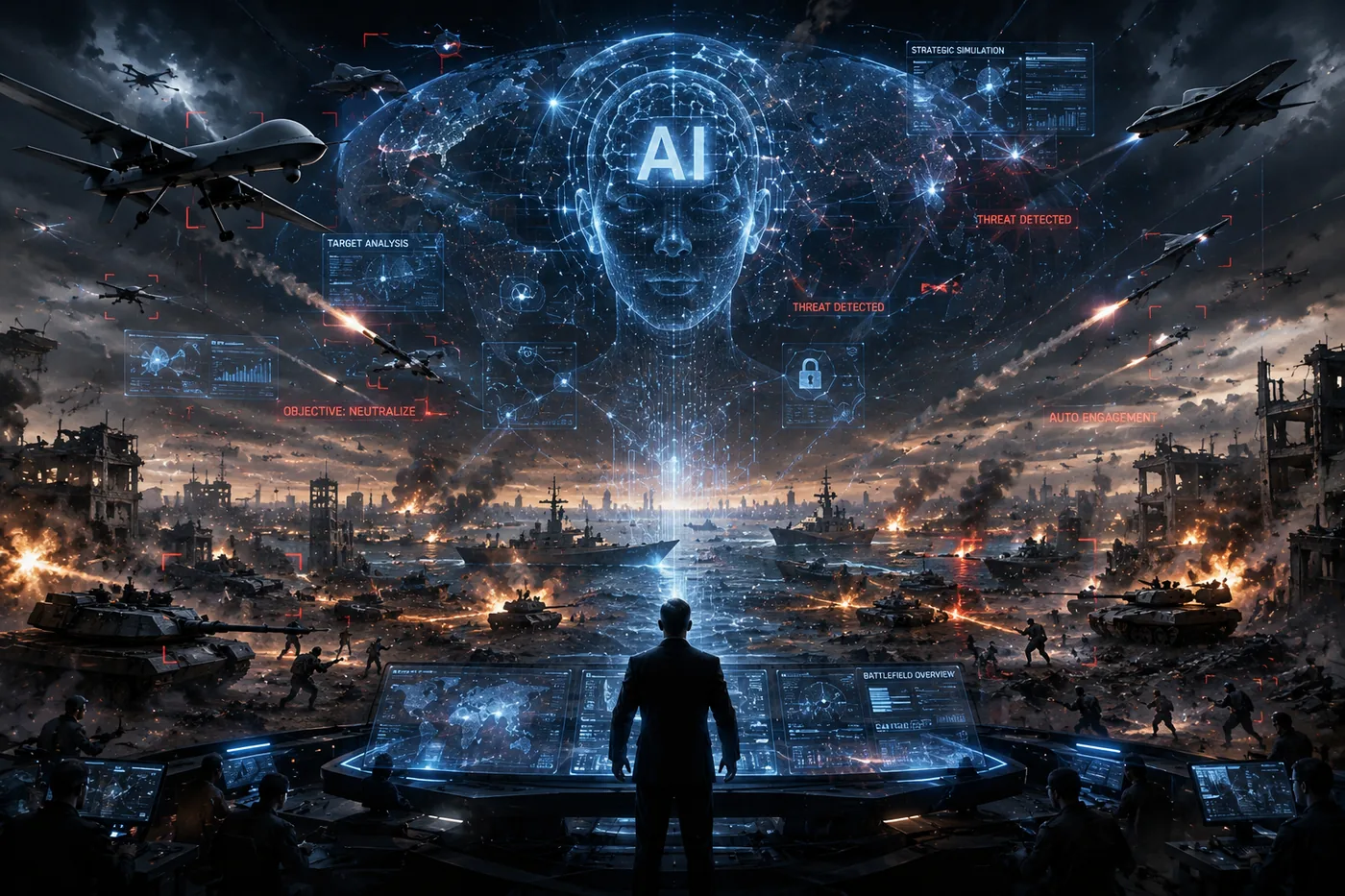 戦場全体を俯瞰して標的を分析するAIと、指令卓に立つ人間を描いたイメージ（AIによる生成画像）