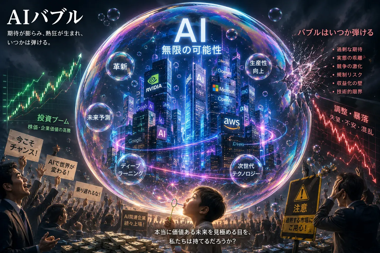 AI企業のロゴが詰まった巨大なシャボン玉と、投資ブーム・期待と、いつか弾ける暴落リスクを対比したイメージ。AIバブルを表している
