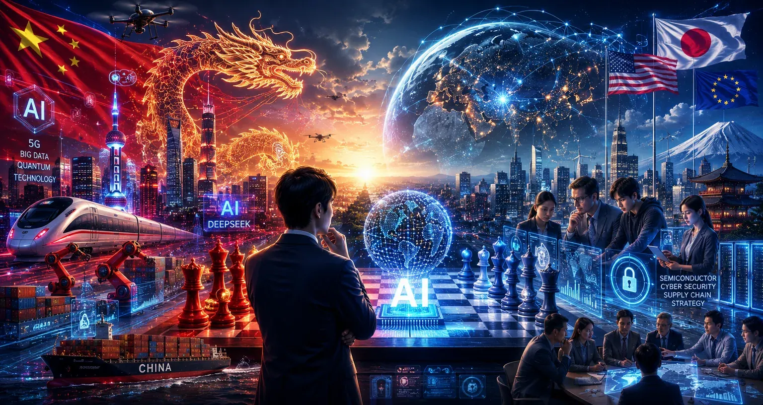 左に赤い龍とネオンの都市・DeepSeek・5G・ビッグデータ・量子技術を掲げる中国のAI国家像、右に日本・米国・EUの国旗のもとで半導体・サイバーセキュリティ・サプライチェーン戦略を協議する人々を描いたイメージ。AI強国・中国の脅威に、日本がどう向き合うかを象徴したイラスト
