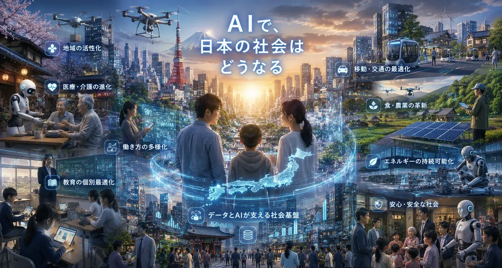 「AIで、日本の社会はどうなる」と題し、地域の活性化・医療や介護の進化・働き方の多様化・教育の個別最適化・移動や食やエネルギーの革新など、AIが支える日本の未来を俯瞰したイメージ
