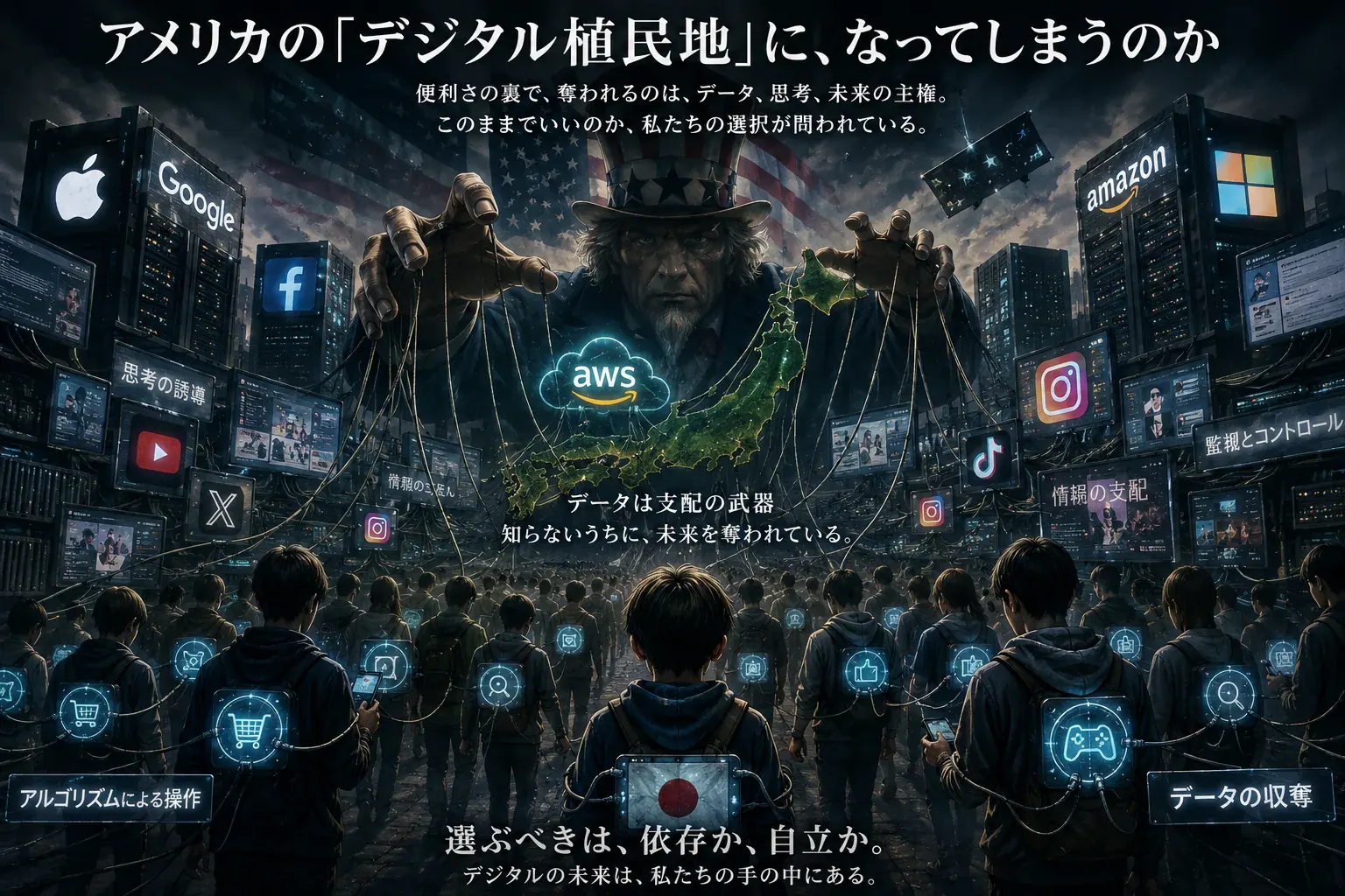 GAFAMのロゴが見下ろし、日本列島と人々が見えない糸で操られる「デジタル植民地」のイメージ。データ・思考・未来の主権が奪われる構図を描いている