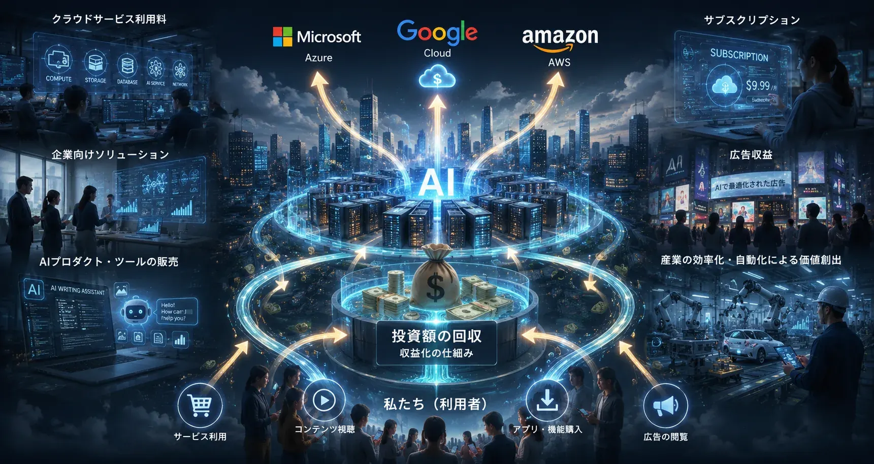 AI投資額の回収（収益化）の仕組みを示す図解。中央のAIとデータサーバーから Microsoft Azure・Google Cloud・Amazon AWS へ矢印が伸び、クラウド利用料・企業向けソリューション・サブスクリプション・広告収益・産業の自動化による価値創出といった回収経路と、最下部の『私たち（利用者）』のサービス利用・コンテンツ視聴・アプリ購入・広告視聴がつながっている