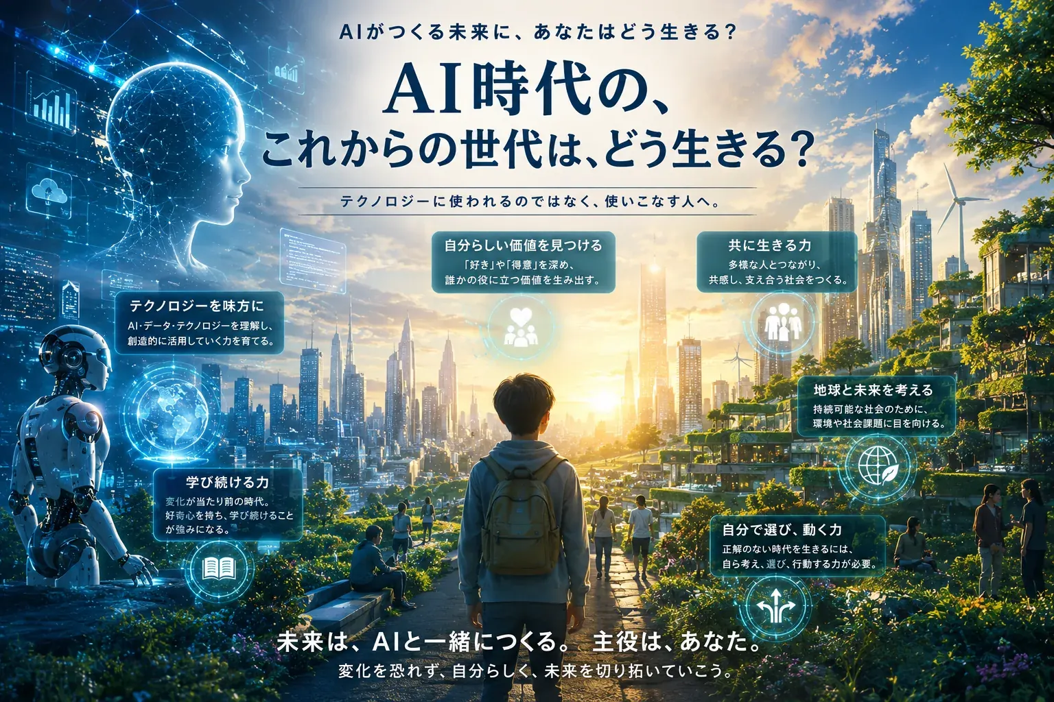 未来都市に立つ若者と「AI時代の、これからの世代は、どう生きる？」の見出し。学び続ける力や共に生きる力など、AIを使いこなす側になるための指針を描いたイメージ