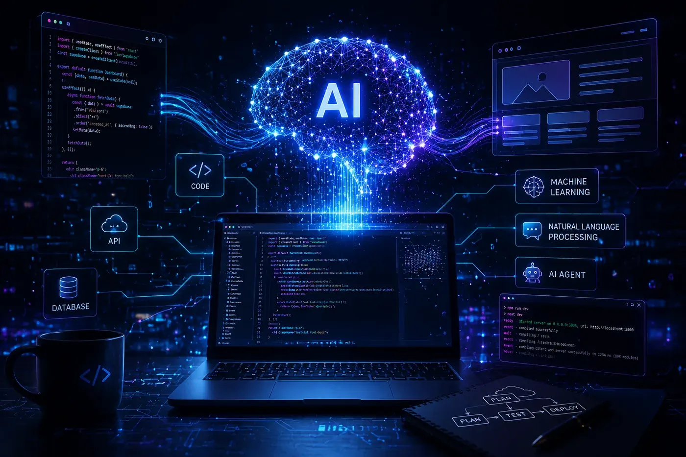 AIの脳とノートPCのコード、CODE・API・DATABASE・機械学習・自然言語処理・AIエージェントのアイコンが繋がった、AI開発環境のイメージ