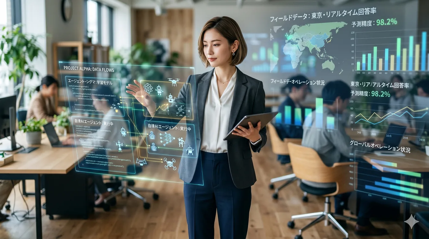 オフィスで、宙に浮かぶAIのダッシュボードを操作しながら働く人のイメージ