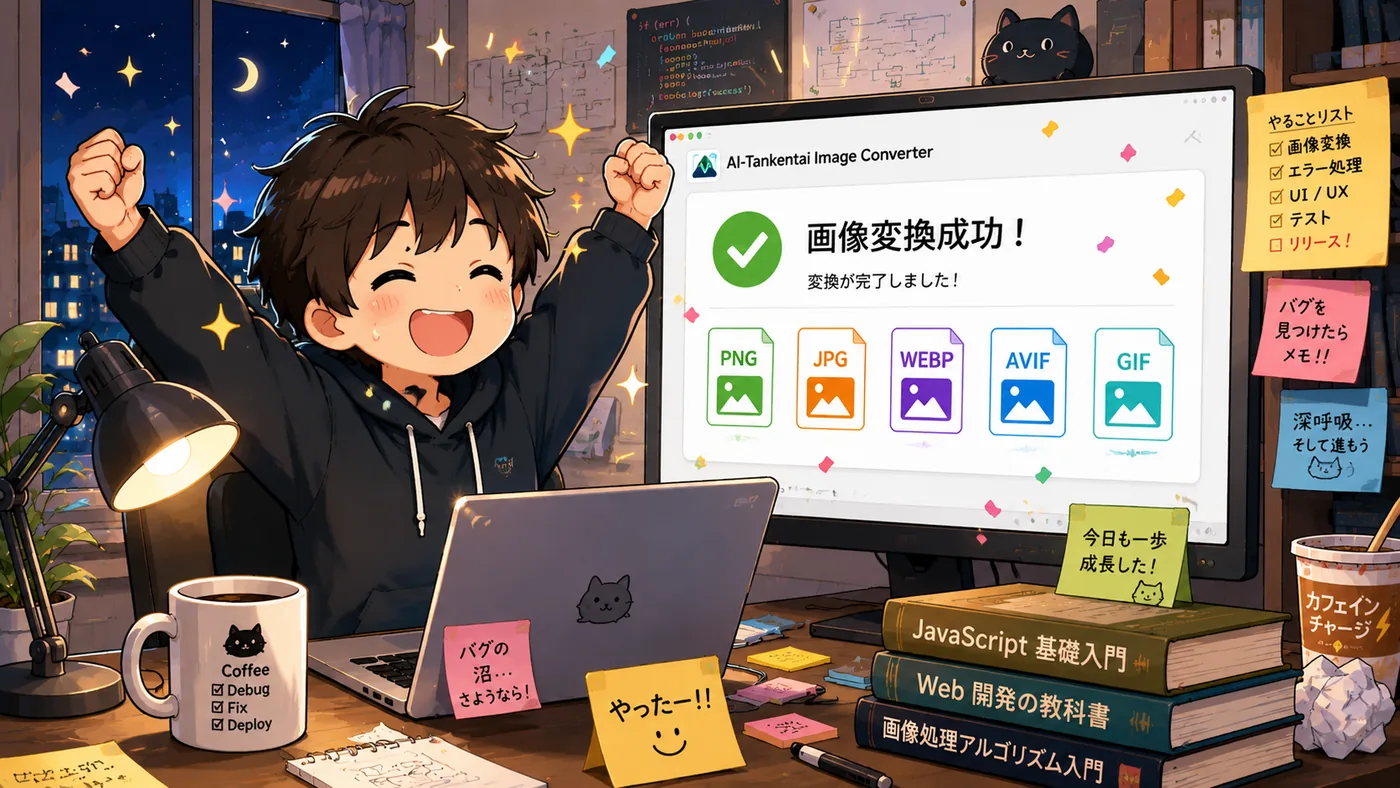 モニターに「画像変換成功！」と表示され、両手を上げて喜ぶ男の子。無料画像変換ツールSnapfitの開発成功シーン