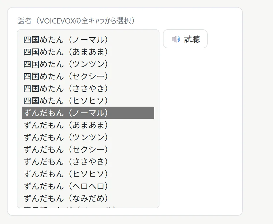 話者を選ぶプルダウンを開いたところ。四国めたん（ノーマル／あまあま／ツンツン／セクシー／ささやき／ヒソヒソ）、ずんだもん（ノーマル／あまあま…）など、キャラクターごとにスタイル違いがずらりと並び、ずんだもん（ノーマル）が選択されている