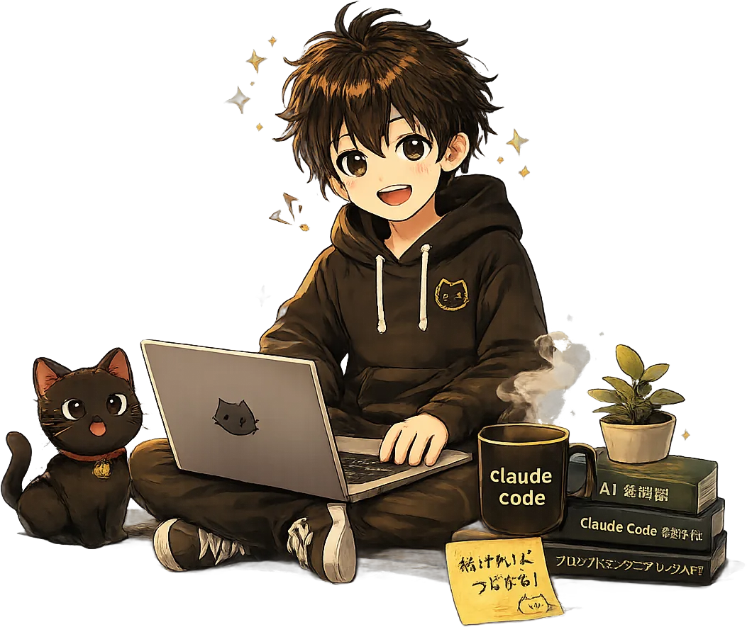 ノートパソコンに向かってあぐらで作業する運営者アバターの少年と、そばに座る黒猫のクロ。まわりにコーヒーや本、観葉植物が置かれている