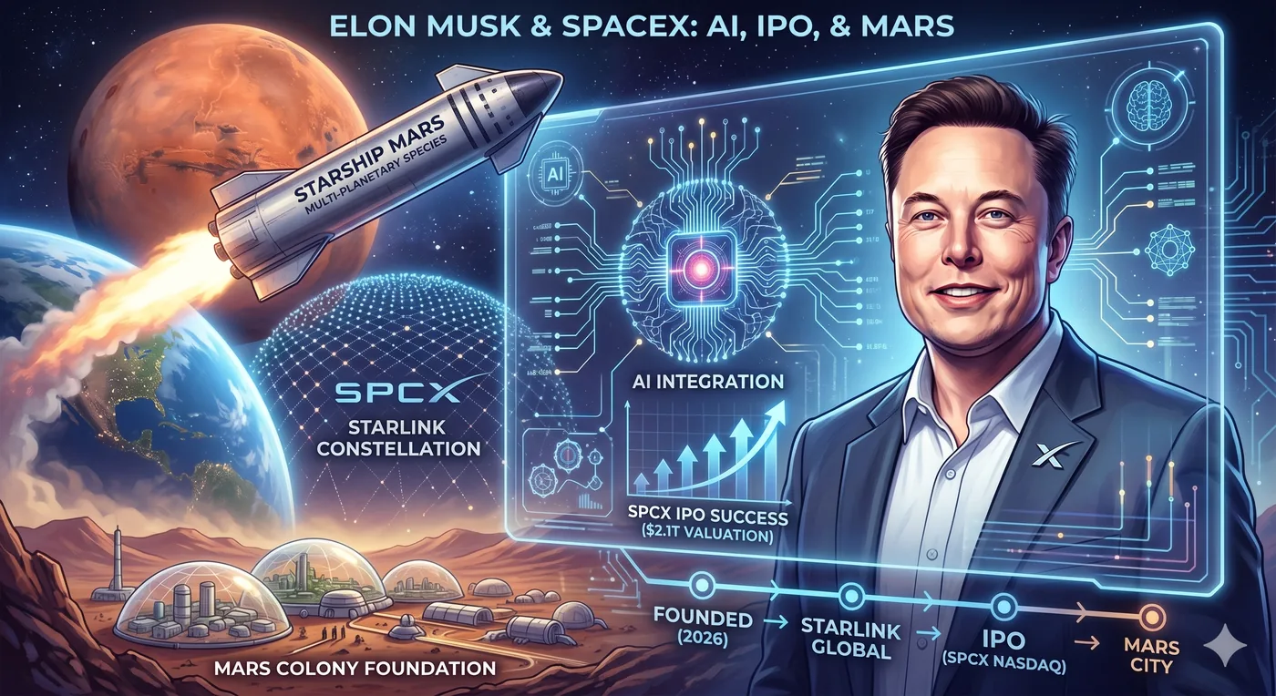 イーロン・マスクとスペースX：ロケット「スターシップ」による火星探査、Starlink衛星群、AI統合、SPCXのNASDAQ上場（時価総額2.1兆ドル）を1枚にまとめたインフォグラフィック