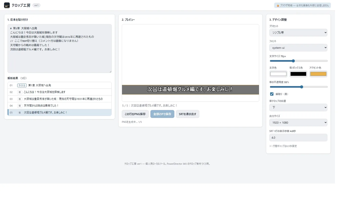 保存操作の画面。プレビューの下に「この行をPNG保存」「全部ZIPで保存」「SRTを書き出す」のボタンが並んでいる