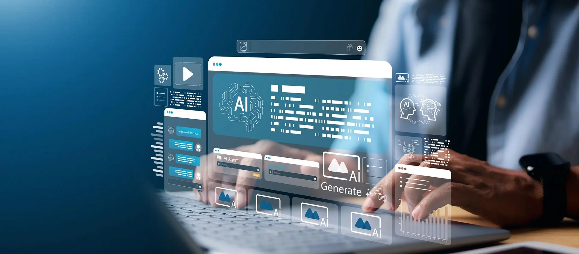 ノートパソコンを操作する手と、宙に浮かぶAIのUI。中央に「AI」と書かれたチップ、左に「AI Agent」、右に「Generate（生成）」のパネルや画像生成のサムネイルが並ぶ、生成AI・AIエージェントのイメージ。