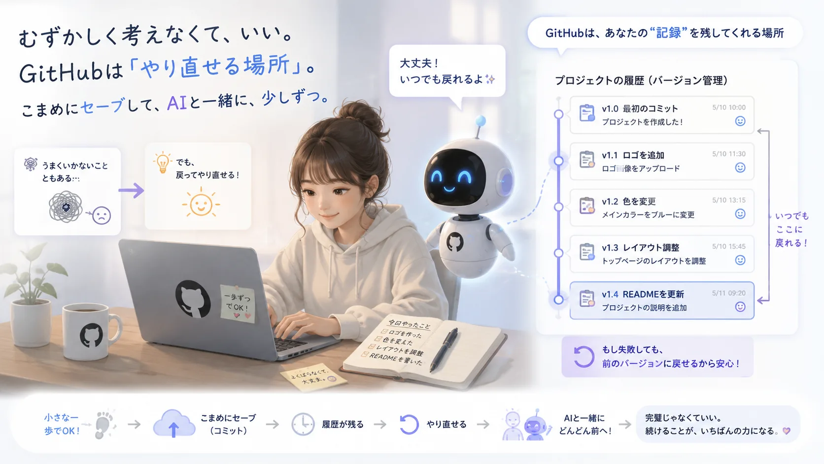 「むずかしく考えなくて、いい。GitHubは『やり直せる場所』。こまめにセーブして、AIと一緒に、少しずつ。」をまとめたイラスト。女性がノートパソコンでAIアシスタントと作業し、横にセーブのステップやバージョン管理の一覧が並んでいる。