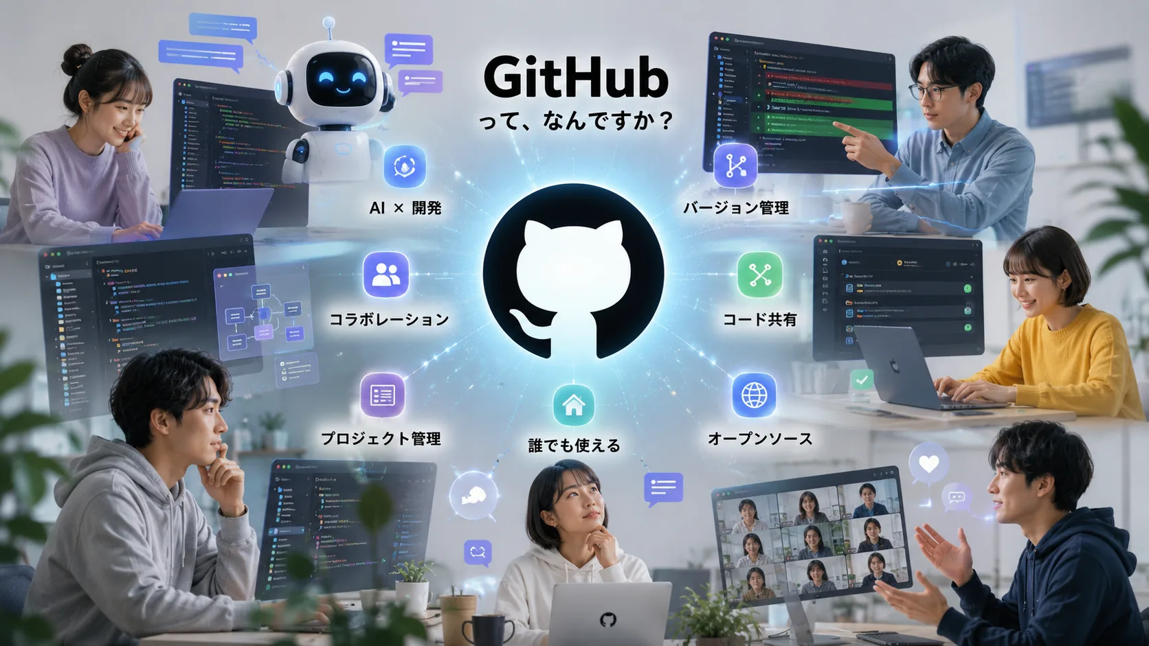 GitHubの全体像。中央にGitHubのマーク、まわりに「AI×開発」「バージョン管理」「コラボレーション」「コード共有」「プロジェクト管理」「誰でも使える」「オープンソース」が広がり、さまざまな人がノートパソコンで使っているイラスト。