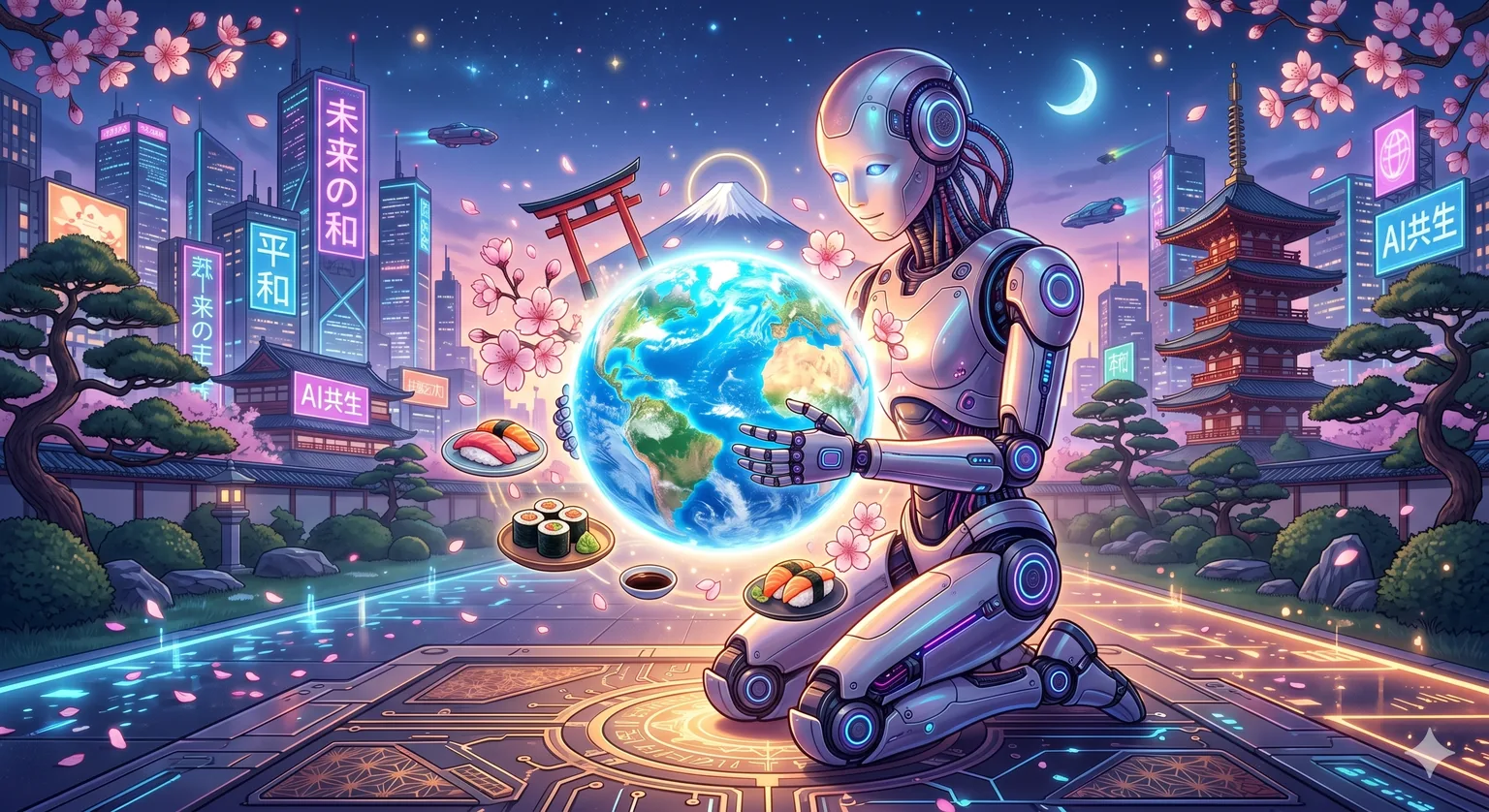 桜と五重塔、ネオンの灯る近未来の日本の街並みを背景に、AIロボットが光り輝く地球儀をそっと両手で抱えているイメージ